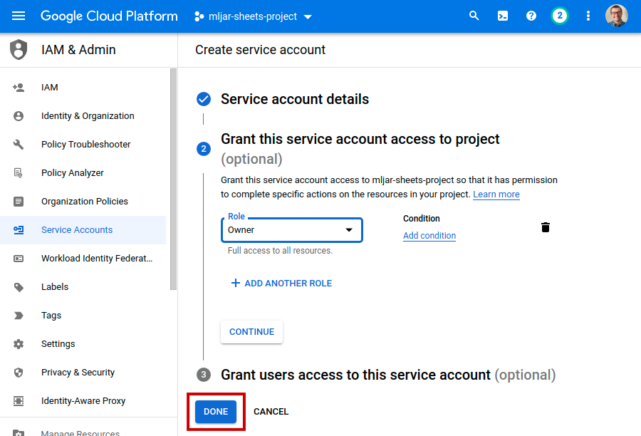 Create service account details access 2
